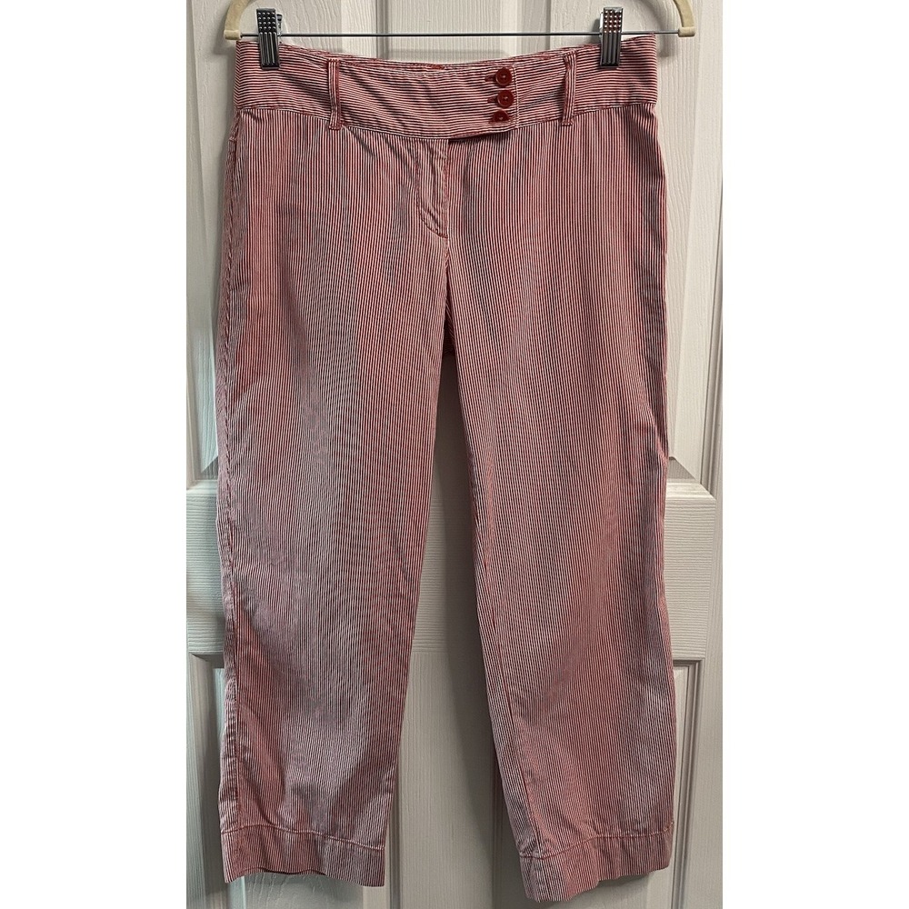 Ann Taylor Loft Marisa Womens Cropped Cotton Pants Red&White Striped Capri Sz. 0